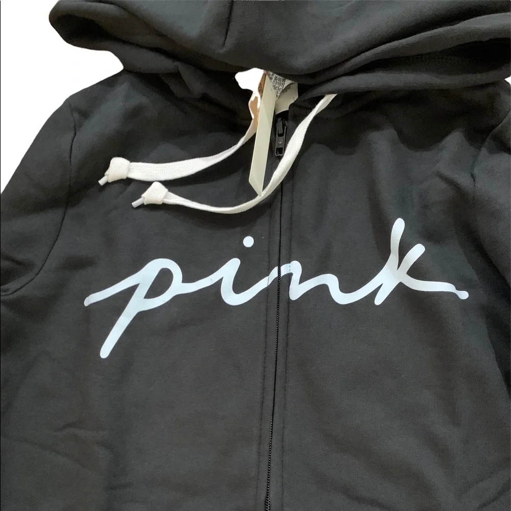 PINK Black Set. Full Zip with Hood Sweater and Pants with Logo Size XS New - Picture 2 of 4